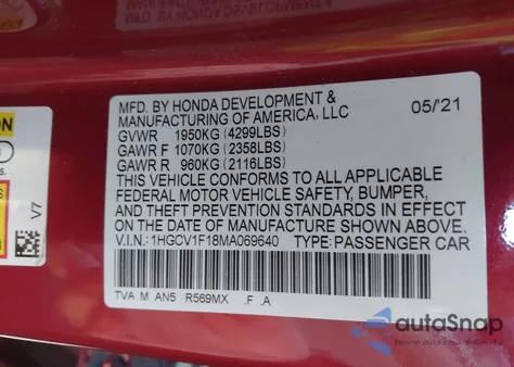 2021 Honda Accord Lx from USA, damaged, VIN 1HGCV1F18MA069640